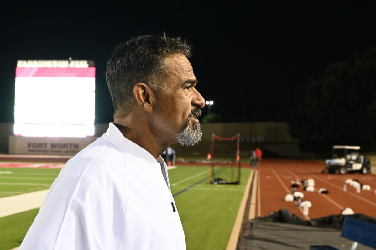 Fort Worth North Side head coach JJ Resendez during a high school football game against Fort Worth Diamond Hill-Jarvis at Farrington Field in Fort Worth, Texas Friday, September 4, 2026. North Side won 10-2.